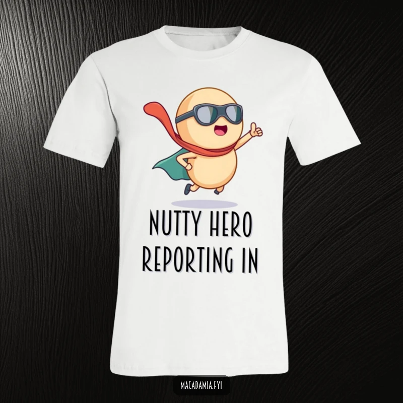 Funny macadamia nut superhero with a dramatic cape flying, striking a pose on a t-shirt for heroic fun.