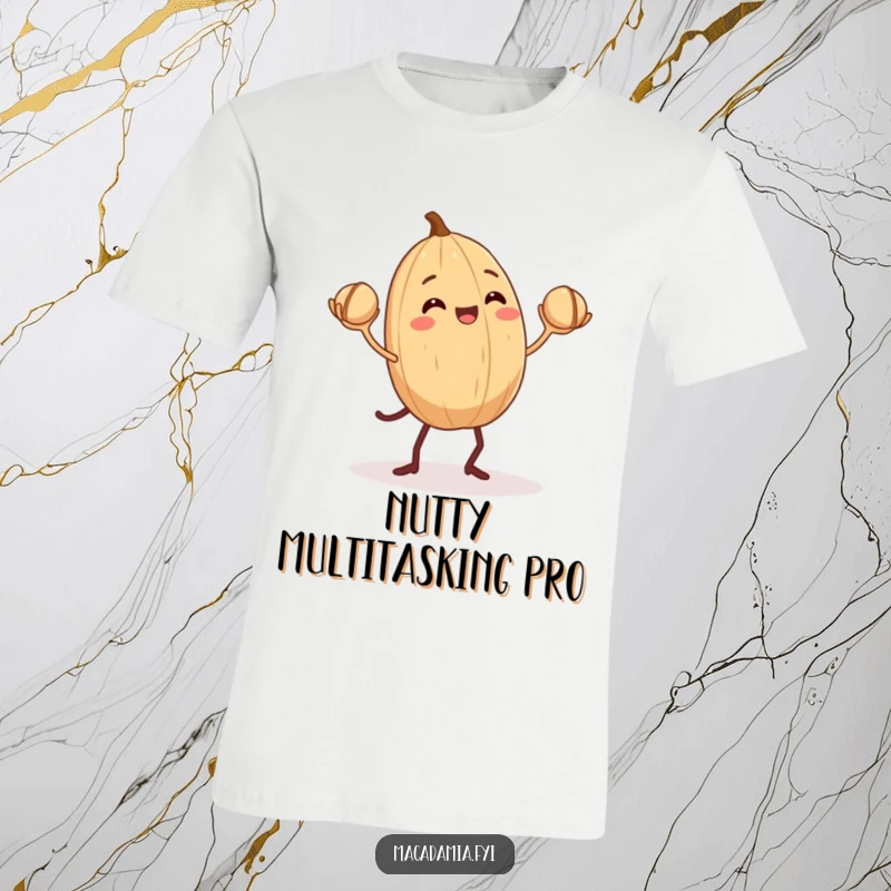 Funny Macadamia Nut T-Shirt: A macadamia nut with small legs enthusiastically juggles three smaller nuts, showcasing nutty talent.