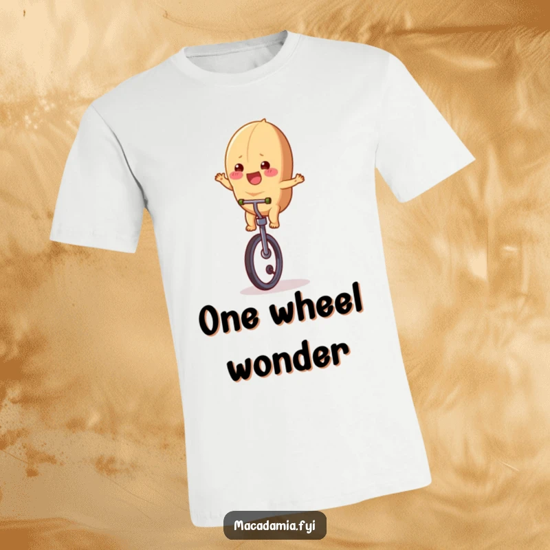 Funny macadamia nut character in mid-air, joyfully performing a trick on a unicycle, printed on a t-shirt.