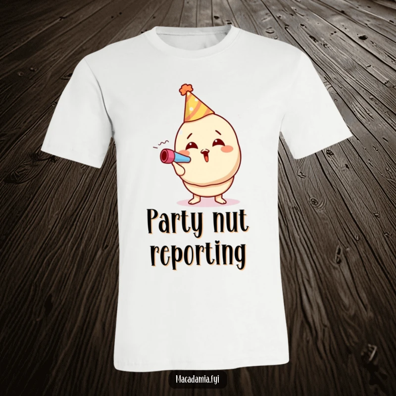 Funny macadamia nut t-shirt showing a happy character in a party hat, enthusiastically blowing a noisemaker with excitement.