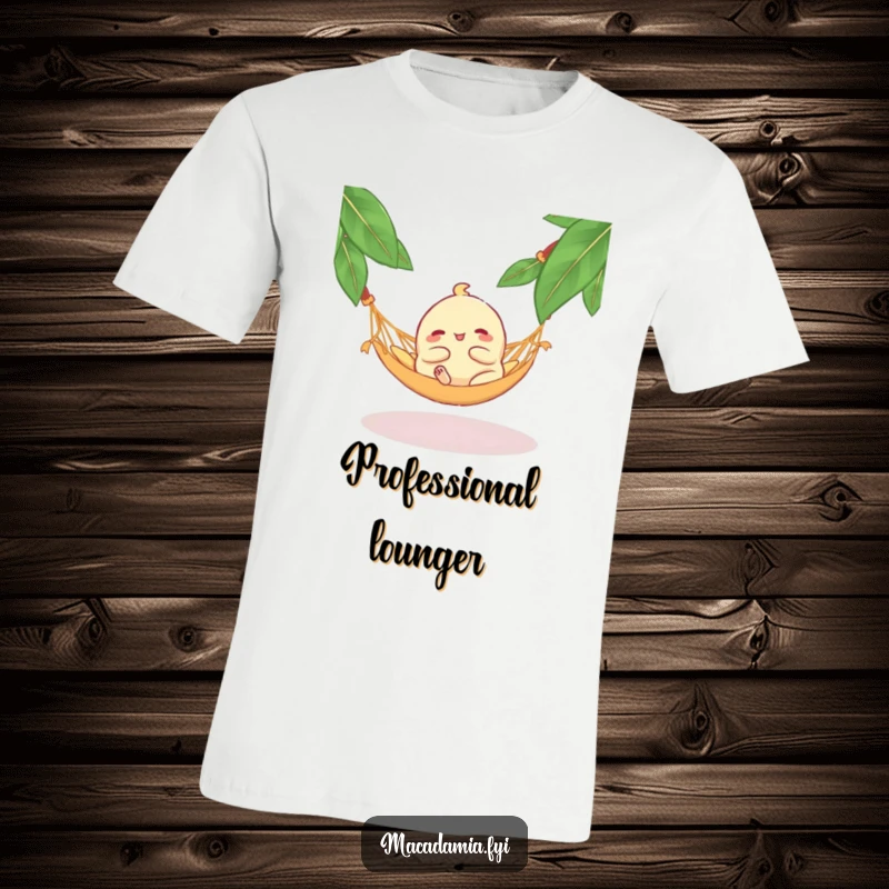 Funny Macadamia Nut Hammock T-Shirt: A blissful macadamia nut character lounging in a tiny hammock, exuding pure relaxation and comedic charm.