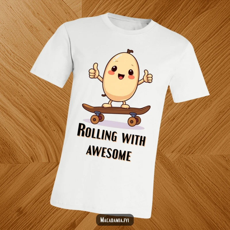 Funny t-shirt featuring a kawaii macadamia nut giving a thumbs up while balancing on a skateboard, radiating cool vibes and positivity.