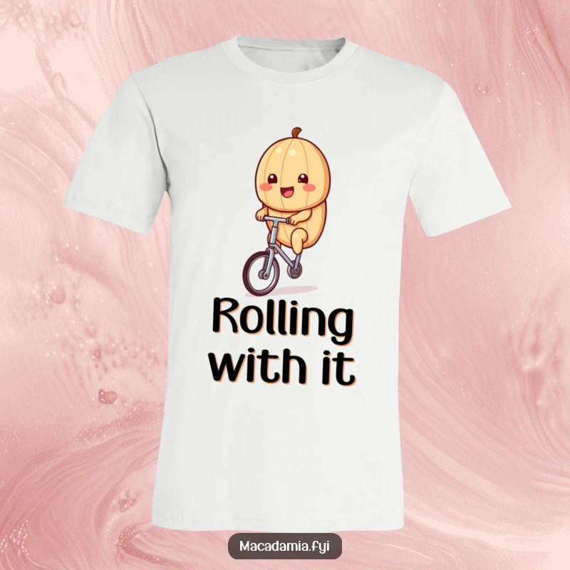 Funny kawaii macadamia nut riding a tiny unicycle with a wide smile, showcased on a fun t-shirt.