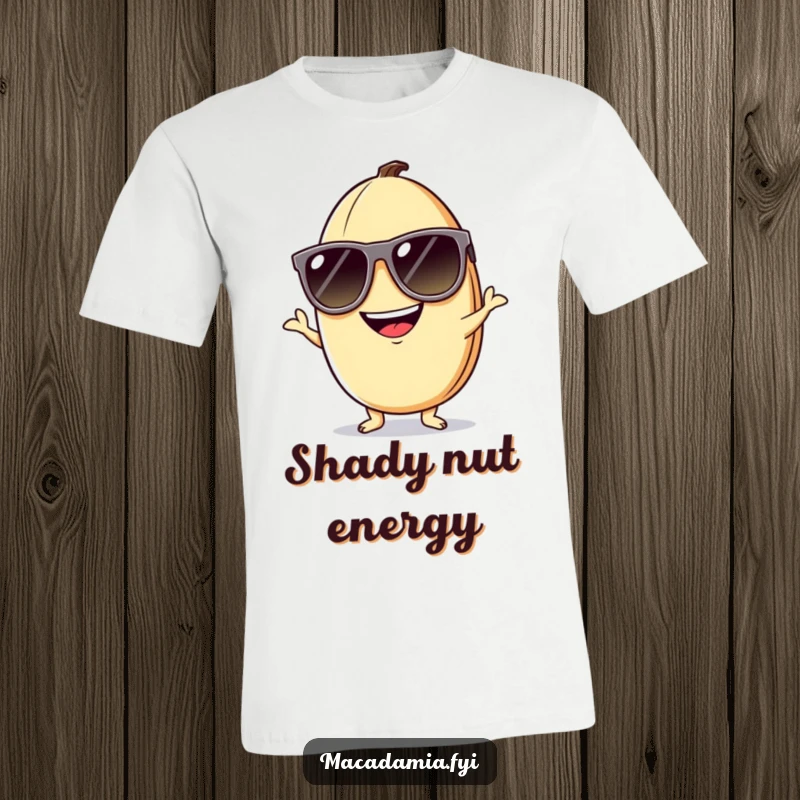 Funny macadamia nut t-shirt featuring a grinning nut in oversized sunglasses, posing with playful swagger.