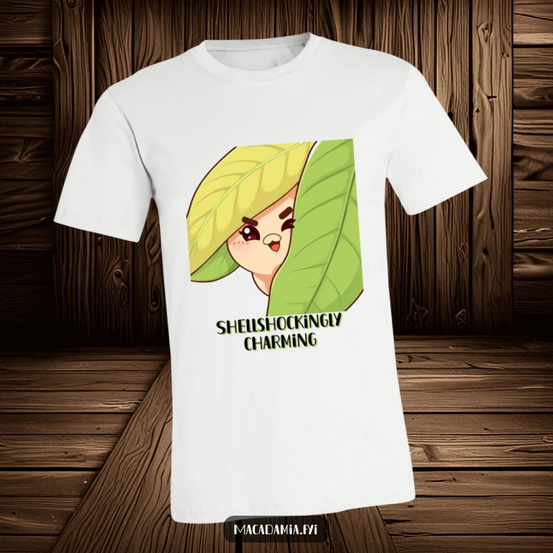 Funny Macadamia Nut T-Shirt with a naughty nut peeking from behind a leaf, sporting a mischievous wink.