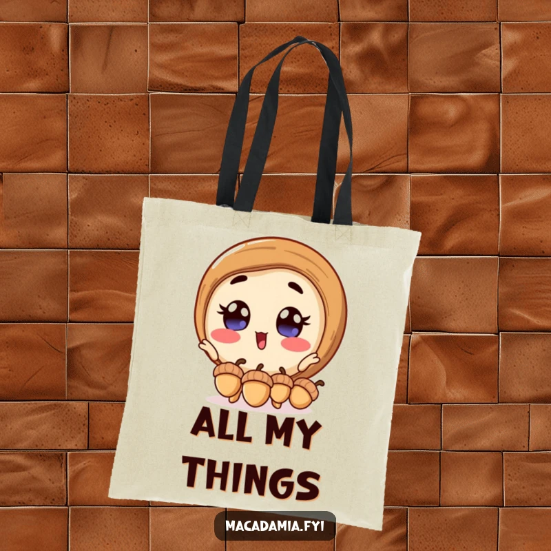 Funny macadamia nut tote bag with an excited macadamia nut wide-eyed, juggling three miniature acorns, perfect for shopping.