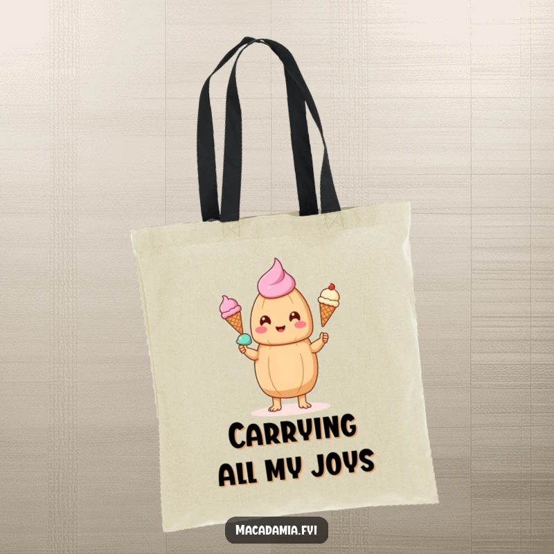 Funny kawaii macadamia nut juggling three small ice cream cones, showcasing this humorous design on a practical tote bag.
