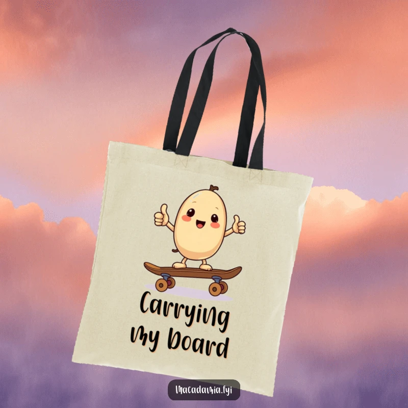 Funny tote bag with a kawaii macadamia nut giving a thumbs up while balancing on a skateboard, perfect for carrying essentials with cool, positive flair.
