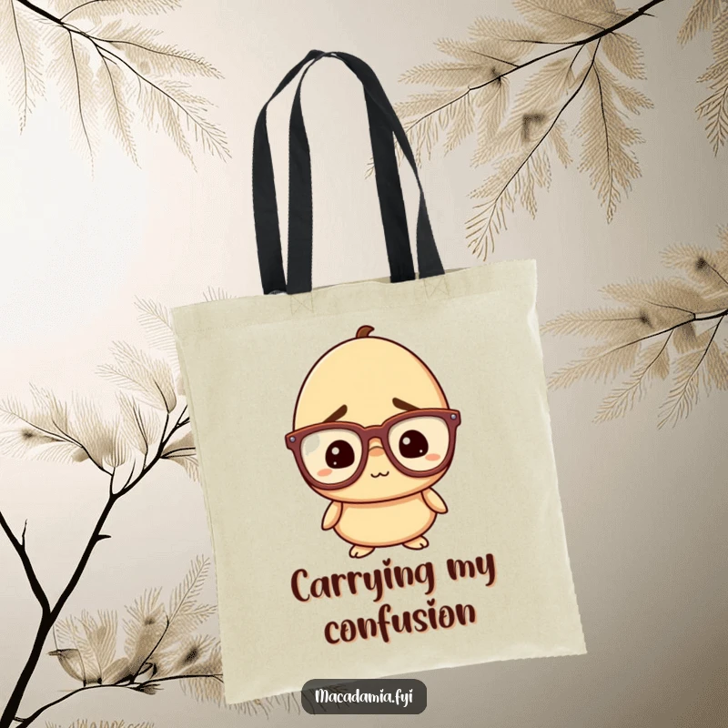Funny Nut Tote Bag: A macadamia nut character with oversized glasses appears confused yet amused, making this a humorous and stylish carry-all.