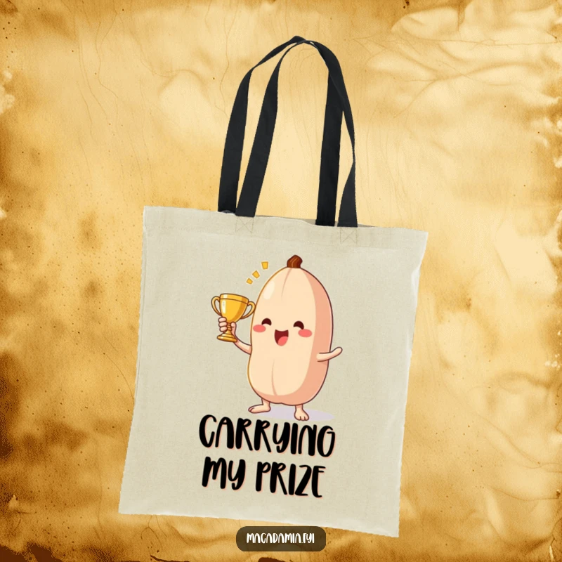 Funny macadamia nut tote bag featuring a triumphant character proudly holding a small golden trophy, ready to conquer.