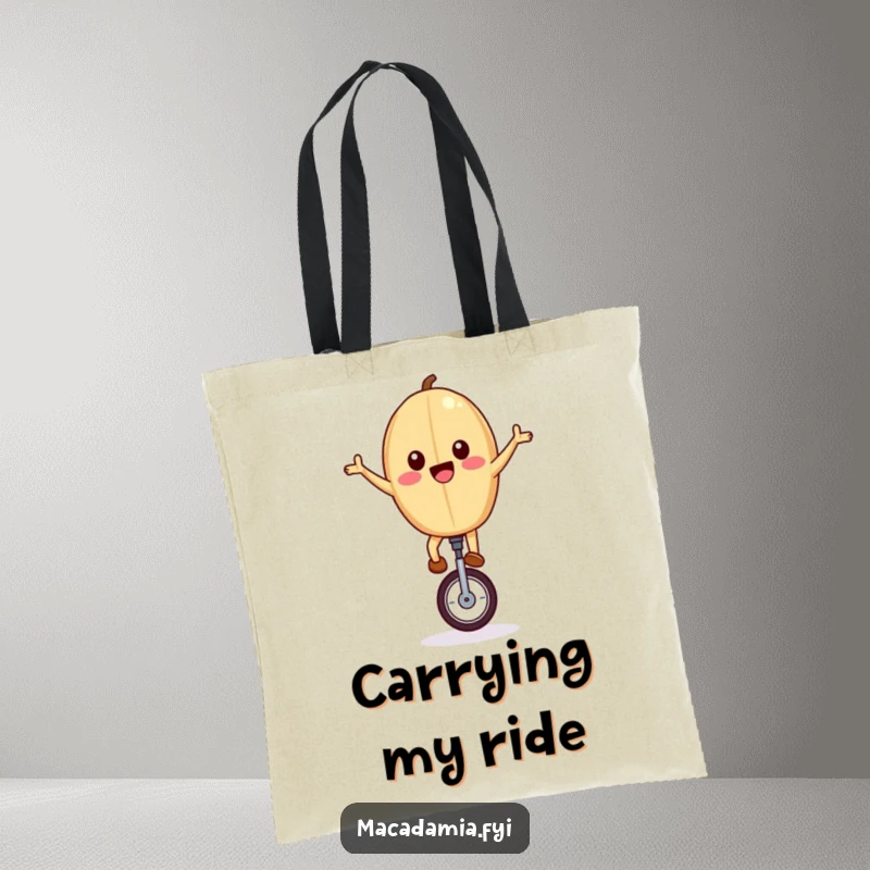 Funny tote bag featuring a joyful macadamia nut riding a unicycle, arms outstretched, perfect for carrying essentials with adventurous flair.