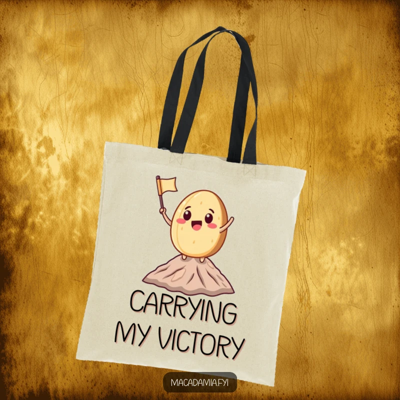 Funny Macadamia Nut character waving a miniature flag on a tiny mountain peak, ideal for carrying essentials with humorous pride.