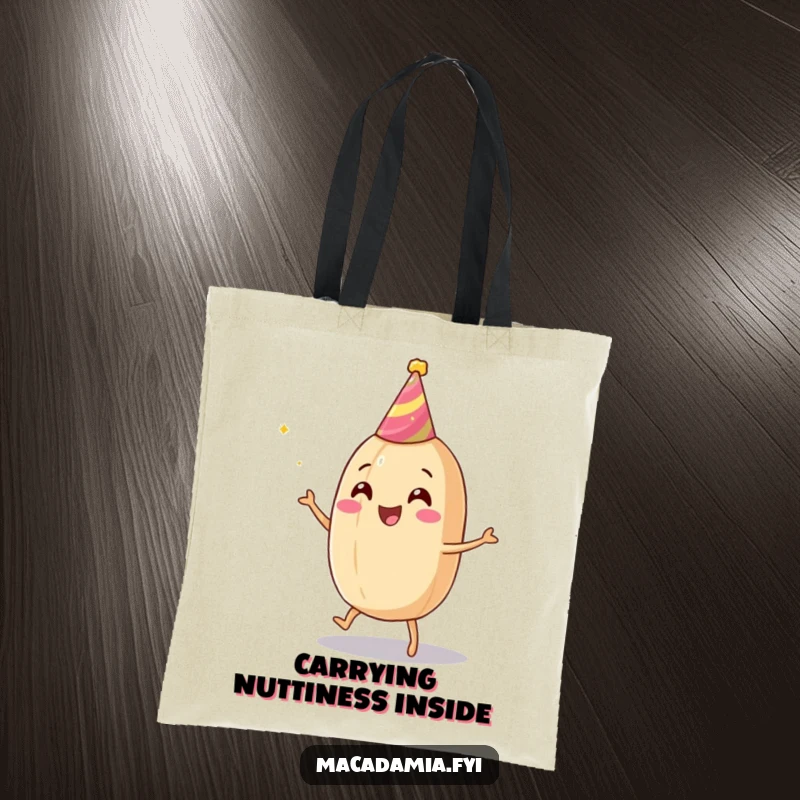 Funny macadamia nut tote bag depicting a dancing nut in a party hat, perfect for carrying smiles and essentials.