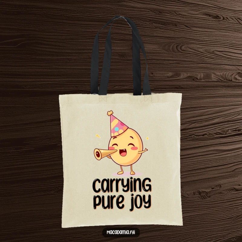 Funny tote bag with a macadamia nut character wearing a party hat and blowing a party horn, perfect for carrying party essentials.