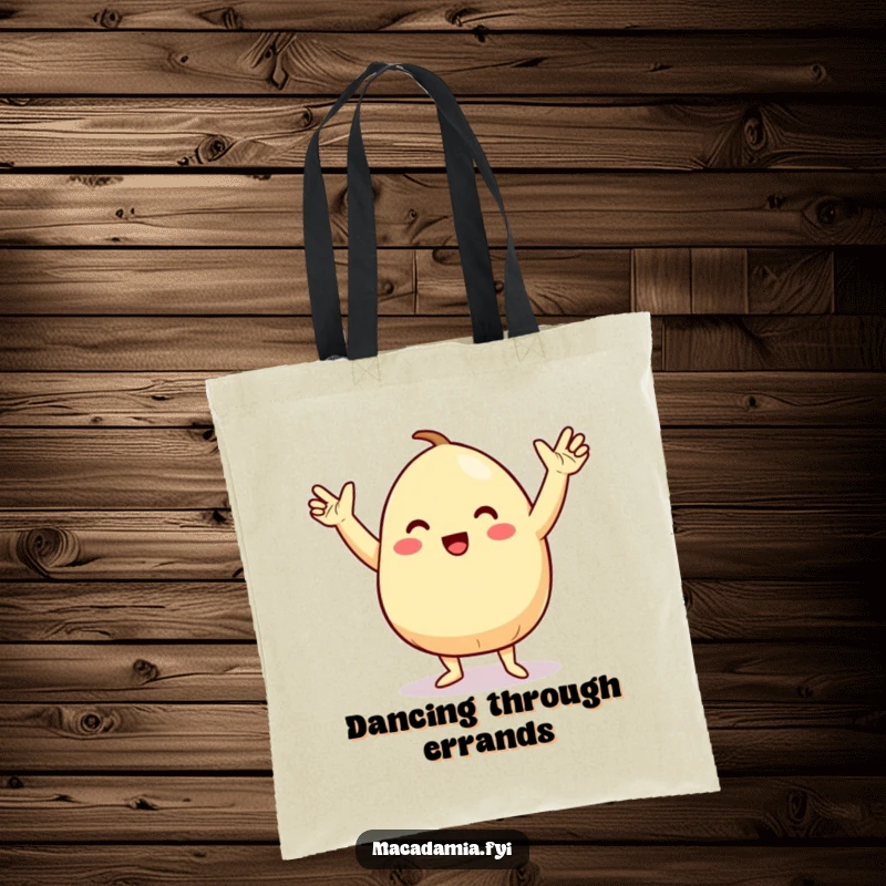 Funny tote bag with a macadamia nut character doing a silly, joyous dance with arms in the air, perfect for carrying essentials.