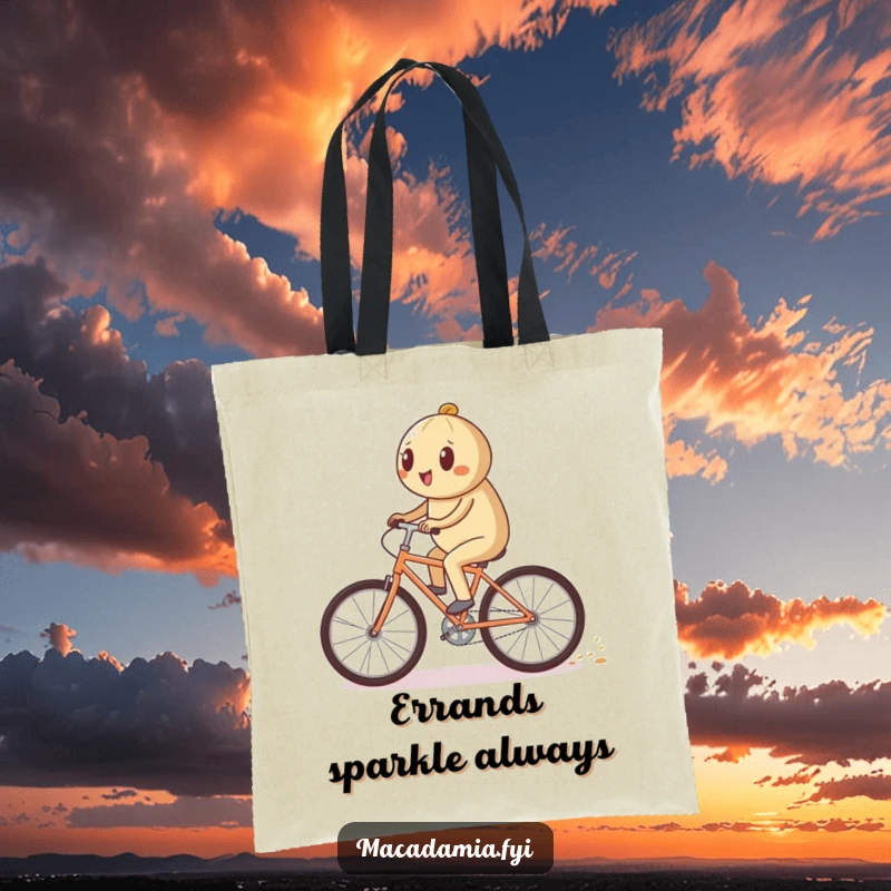 Funny macadamia nut character riding a bicycle quickly, leaving a sparkling trail on a tote bag, a dazzling funny gift.