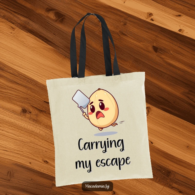 Funny Macadamia Nut Tote Bag depicting a shocked nut swiftly evading a flying spatula.