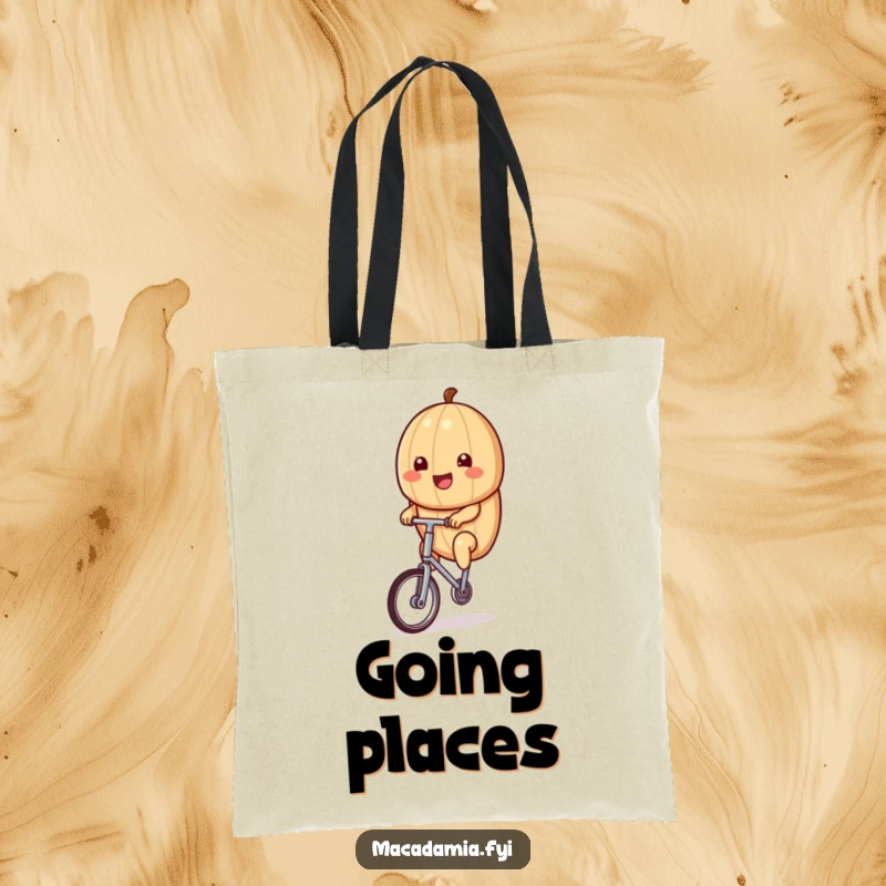 Funny kawaii macadamia nut riding a tiny unicycle with a big smile, featured on this humorous tote bag.