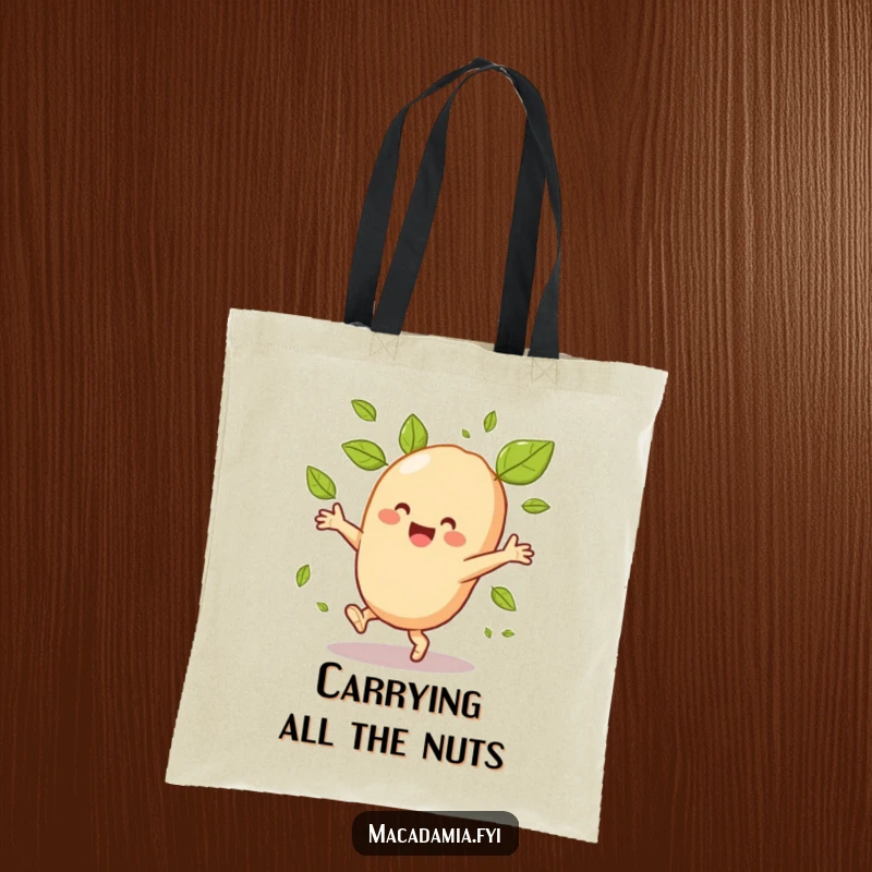 Funny macadamia nut character in mid-cartwheel, leaves swirling, printed vividly on a durable, large tote bag.