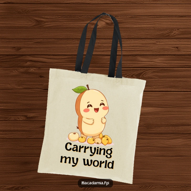 Funny macadamia nut character giggling while balancing a stack of tiny fruits, on a tote bag for cheerful errands.