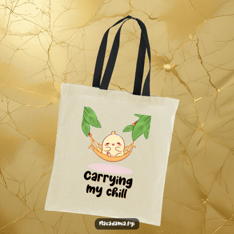 Funny Macadamia Nut Hammock Tote Bag: A blissful macadamia nut lounging in a hammock, perfect for carrying your essentials with a humorous, relaxed vibe.