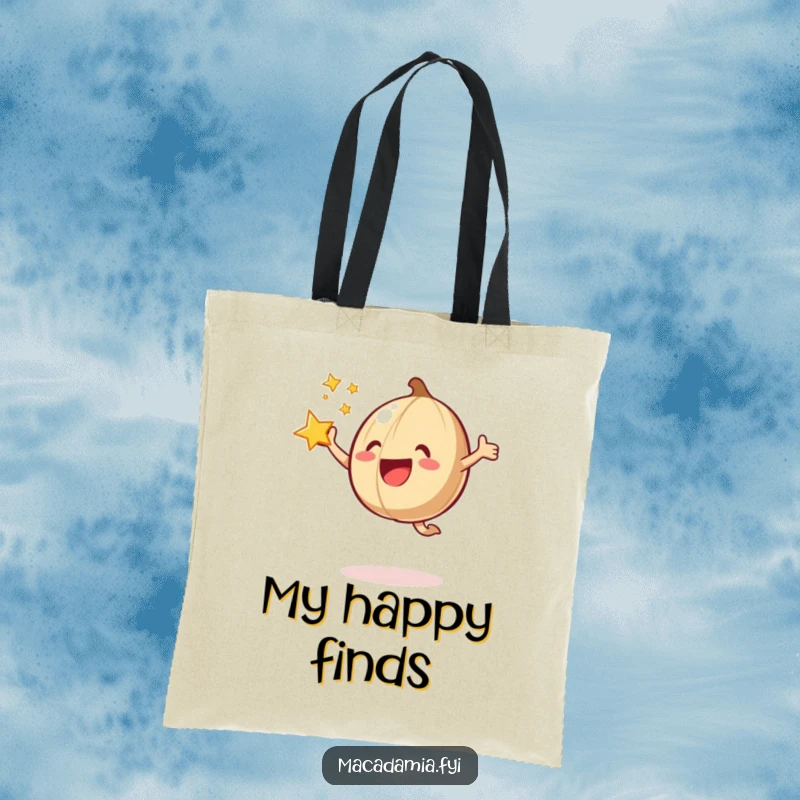Funny macadamia nut doing a joyful jump with a star bursting around it on a stylish tote bag.