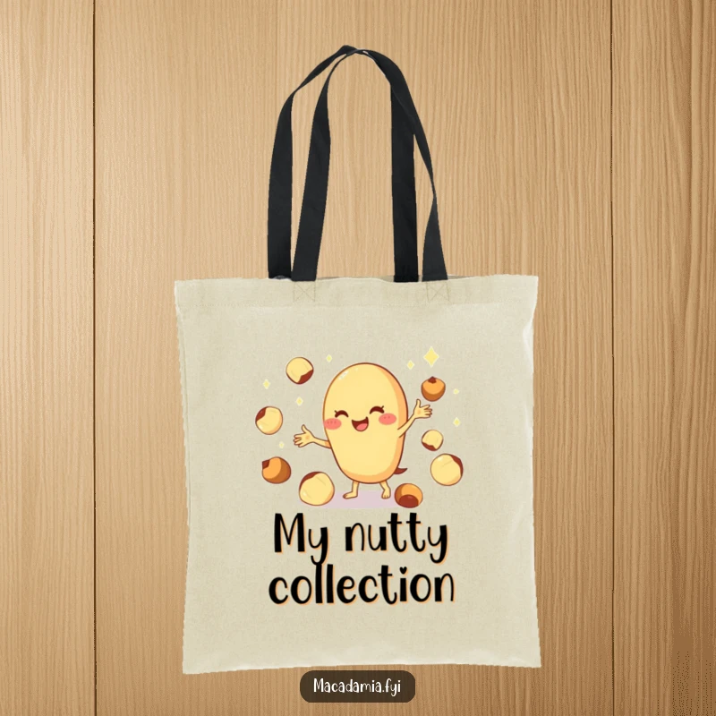 Funny macadamia nut tote bag featuring a cheerful character expertly juggling several shiny nuts, radiating playful energy.