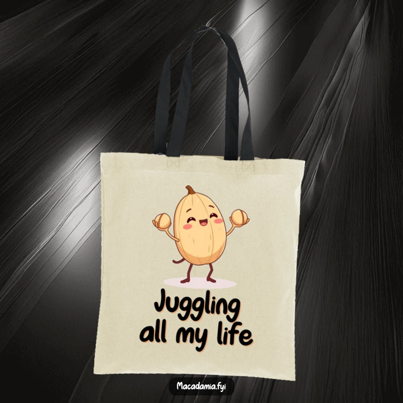 Funny Macadamia Nut Tote Bag: A macadamia nut with tiny legs enthusiastically juggles three smaller nuts, a humorous carry-all.