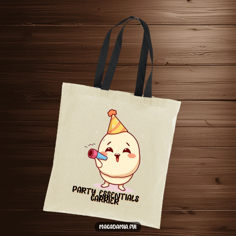Funny macadamia nut tote bag featuring a character in a party hat, enthusiastically blowing a noisemaker, ready to party.
