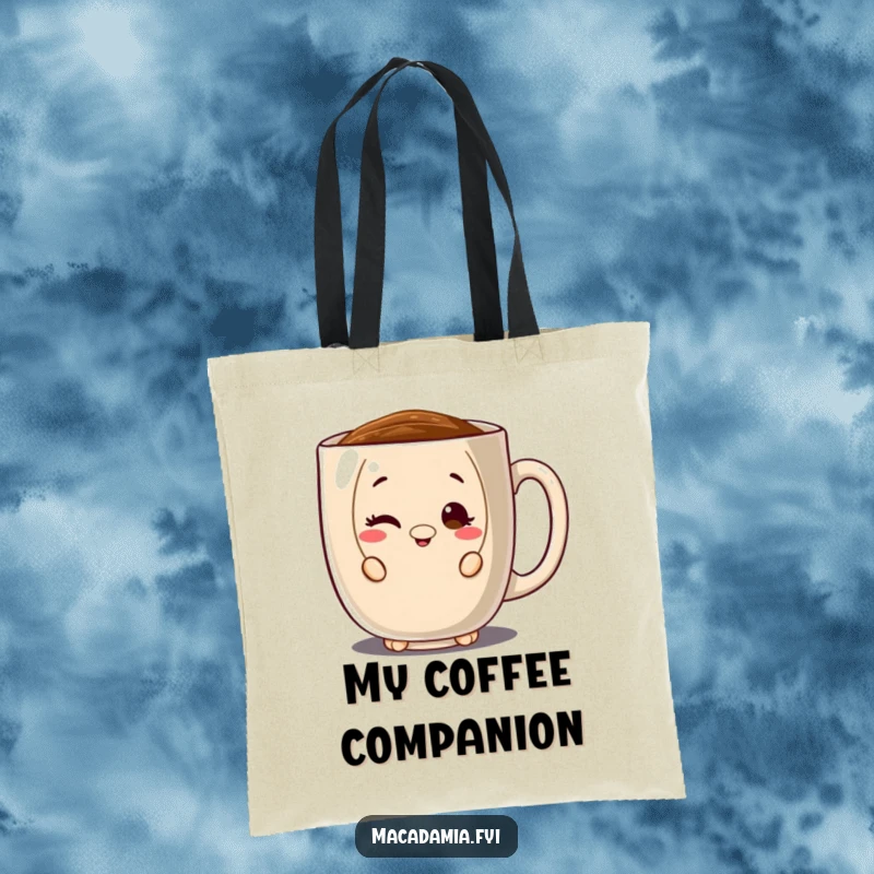 Funny tote bag with a macadamia nut character peeking from behind a large coffee mug, winking sneakily, perfect for coffee runs.