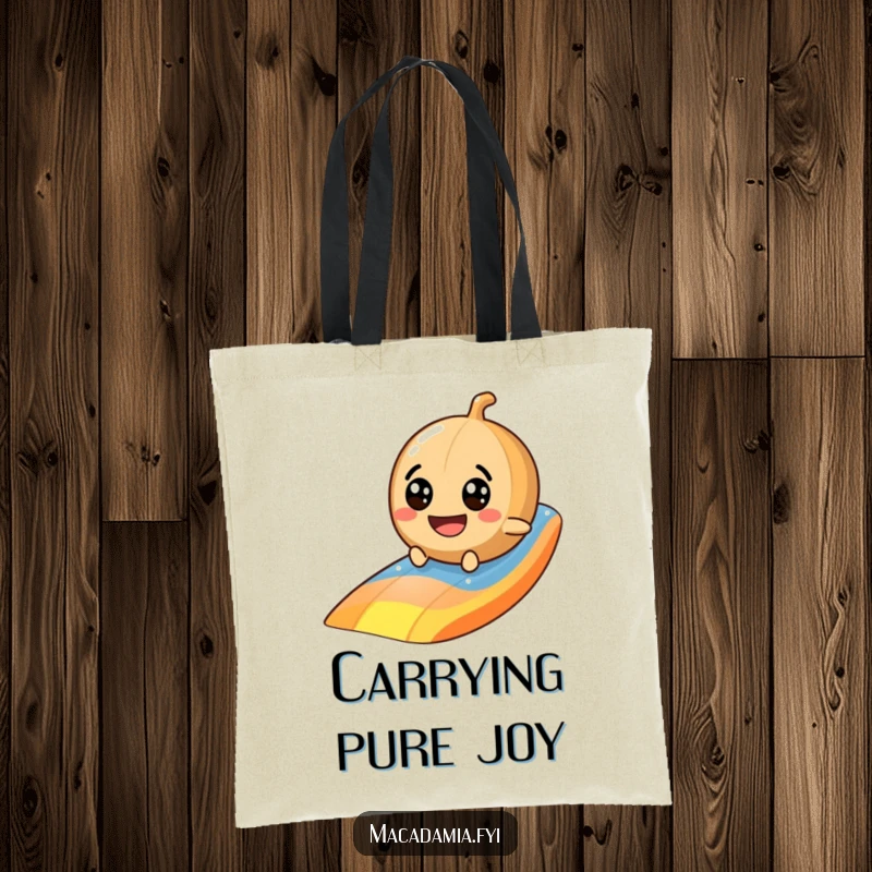Funny macadamia nut tote bag showcasing a googly-eyed character gleefully sliding down a rainbow, ready for adventure.