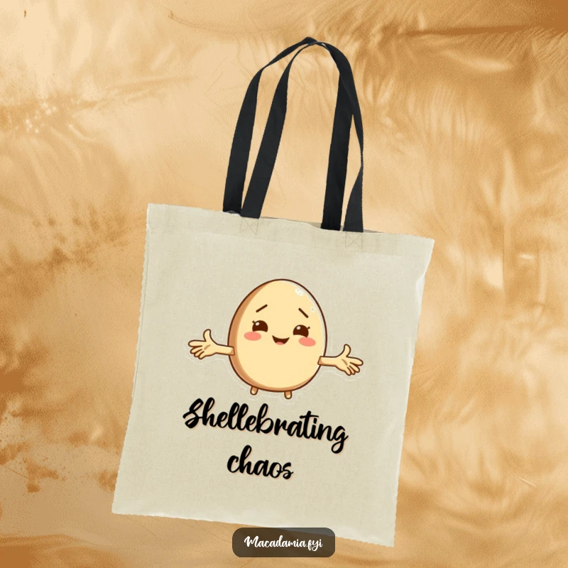 Funny macadamia nut character shrugging with hands up on a tote bag, advertising humorous, practical style.