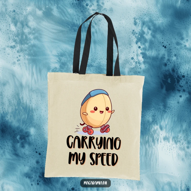Funny macadamia nut tote bag with a happy macadamia nut wearing tiny roller skates, rolling downhill, perfect for shopping.