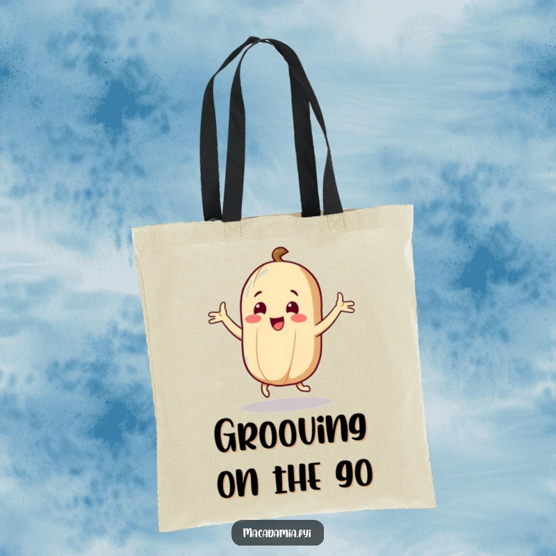 Funny Nut Tote Bag: A macadamia nut character dances with flailing arms joyfully, making this a humorous and stylish carry-all.