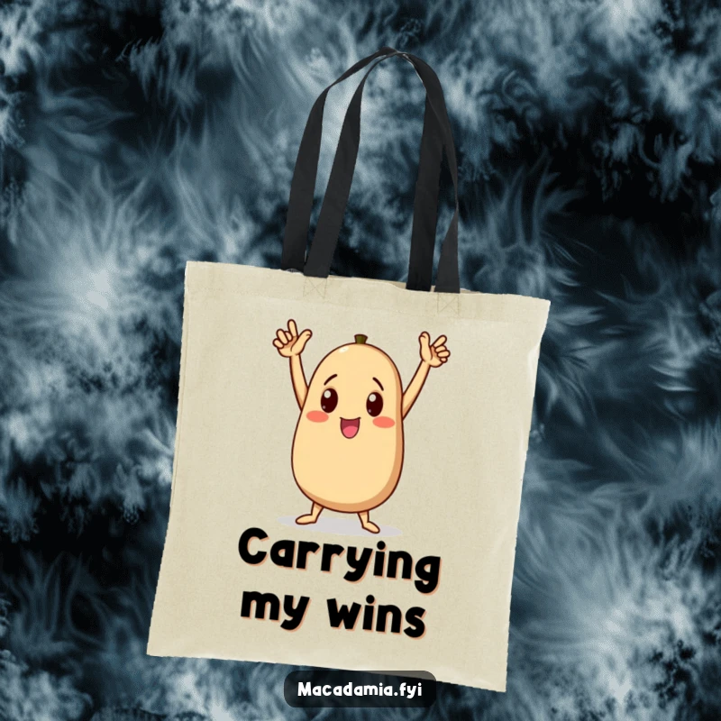Funny macadamia nut character doing a triumphant dance with arms raised high on a tote bag, radiating pure joy, a fun funny gift.