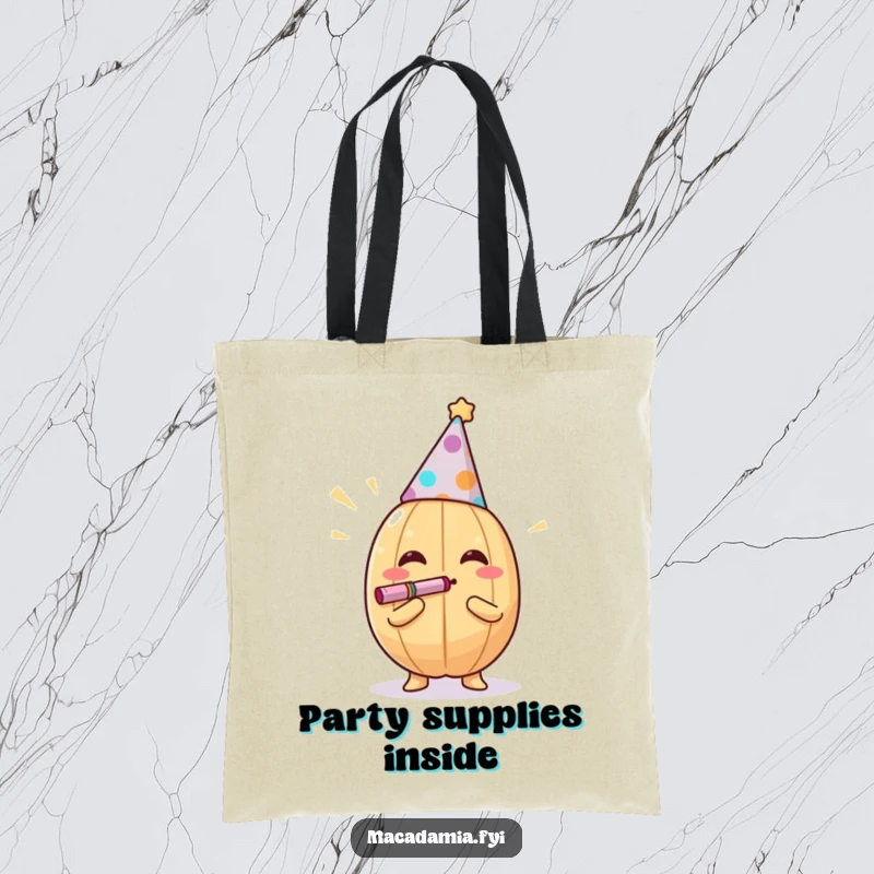 Funny macadamia nut with party hat blowing noisemaker on a tote bag, looking festive, a funny gift.