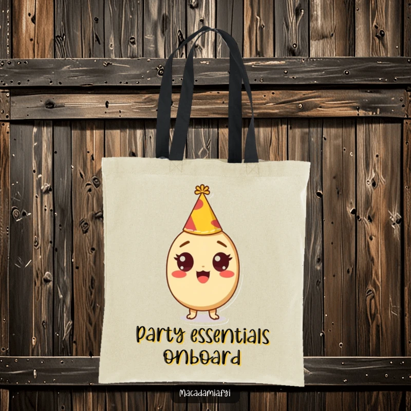 Funny tote bag with a macadamia nut character wearing a tiny party hat, eyes wide with excitement, ideal for party supplies.