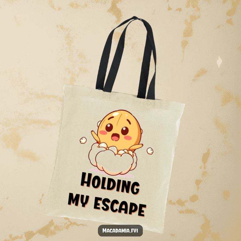 Funny tote bag featuring a macadamia nut character bursting from a popcorn kernel with a surprised grin, perfect for carrying essentials with flair.