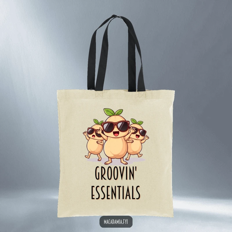Funny macadamia nuts in sunglasses, dancing with abandon, on a practical and stylish tote bag.
