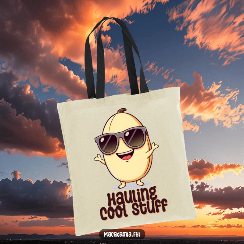 Funny macadamia nut tote bag featuring a nut in sunglasses with a silly grin, posing playfully for stylish errands.