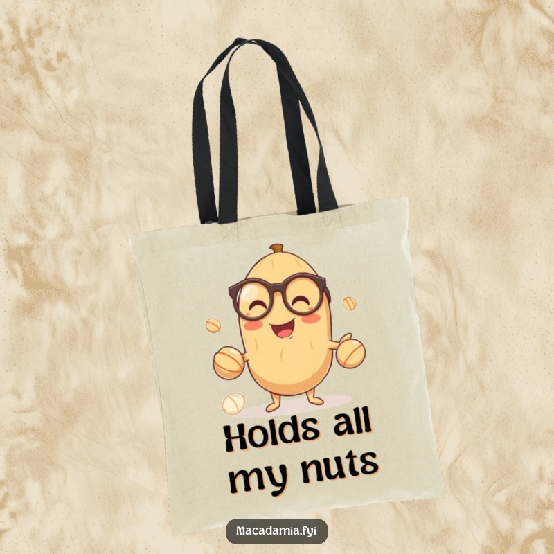 Funny tote bag featuring a smiling macadamia nut with glasses, gleefully juggling smaller nuts, perfect for carrying essentials with wit.