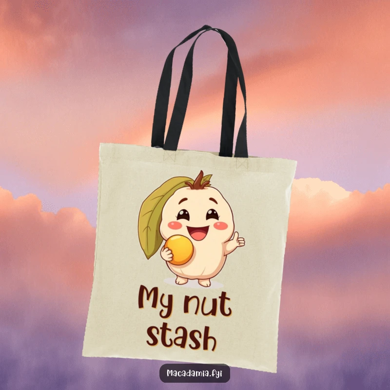 Funny tote bag showcasing a macadamia nut character with a triumphant grin, holding a golden macadamia nut, a humorous and nutty accessory.