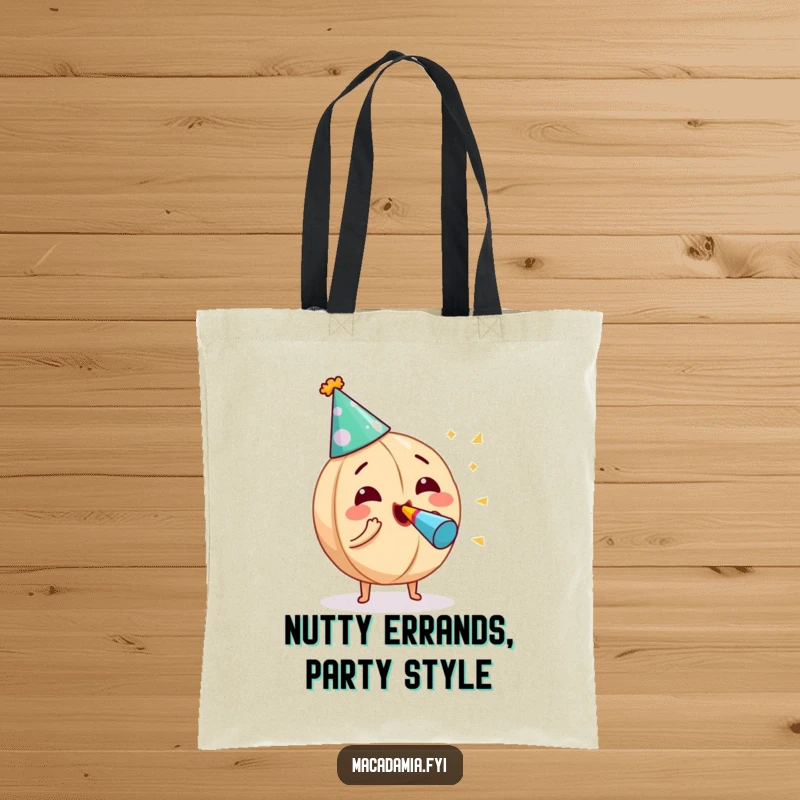 Funny macadamia nut character in a party hat, gleefully blowing a noisemaker, featured on a durable tote bag for fun errands.