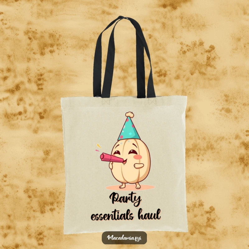 Funny Party Nut Tote Bag with a macadamia nut in a party hat blowing a noisemaker with exaggerated joy, perfect for celebrations.