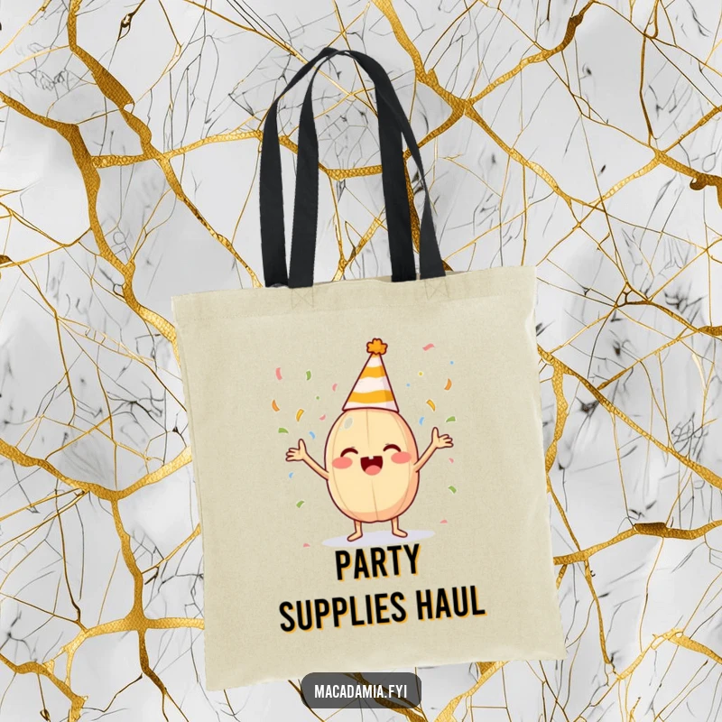 Funny macadamia nut in a party hat excitedly tosses confetti with its limbs on a stylish tote bag.